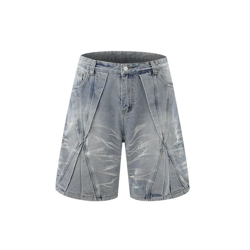 Jiayiku Men's  Summer New Style Niche Pleated Design Washed Denim Shirt Handsome Jacket Short Sleeve display picture 15