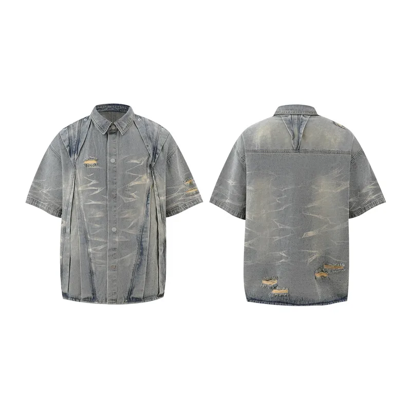 Jiayiku Men's  Summer New Style Niche Pleated Design Washed Denim Shirt Handsome Jacket Short Sleeve display picture 17