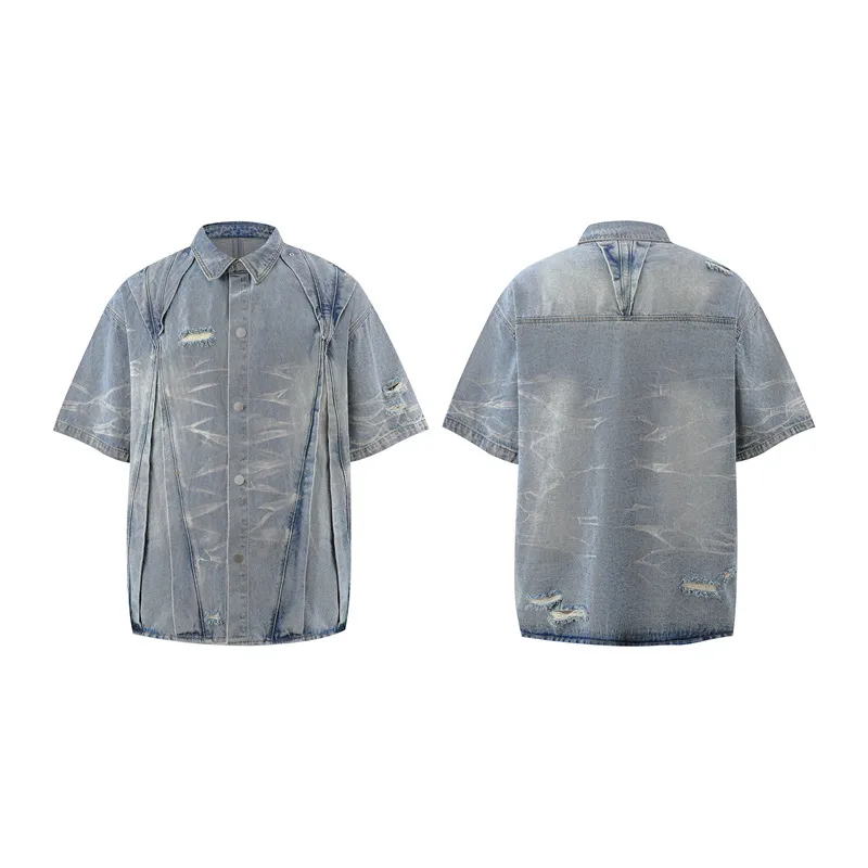 Jiayiku Men's  Summer New Style Niche Pleated Design Washed Denim Shirt Handsome Jacket Short Sleeve display picture 18