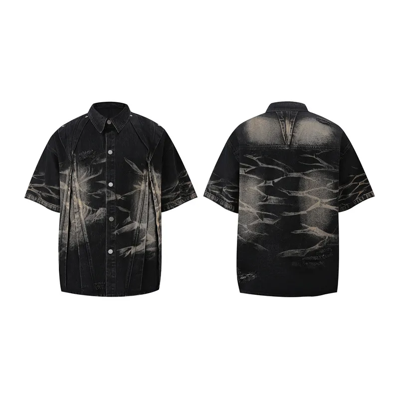 Jiayiku Men's  Summer New Style Niche Pleated Design Washed Denim Shirt Handsome Jacket Short Sleeve display picture 19