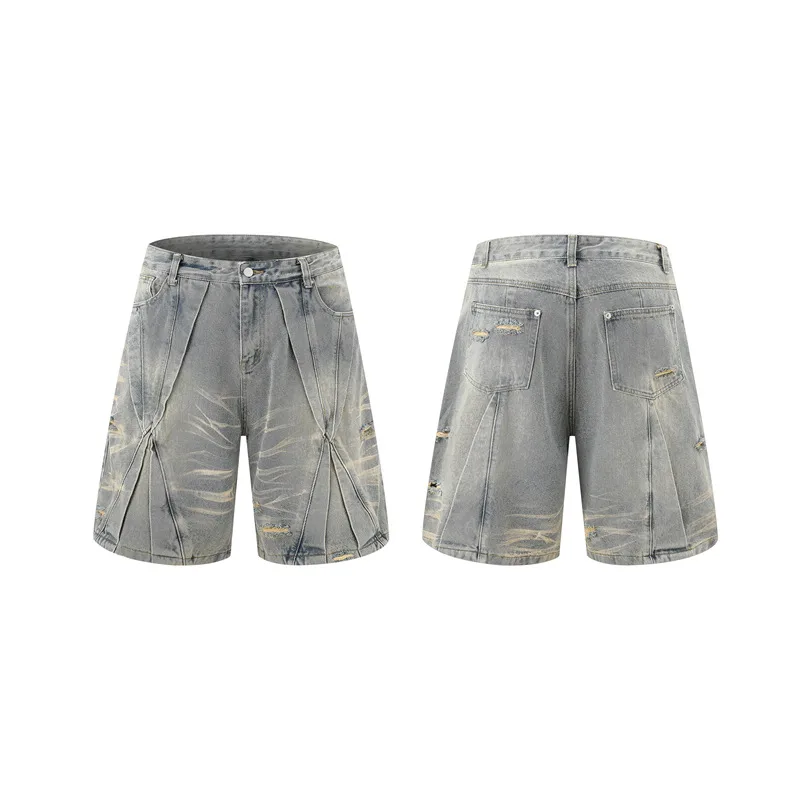 Jiayiku Men's  Summer New Style Niche Pleated Design Washed Denim Shirt Handsome Jacket Short Sleeve display picture 20