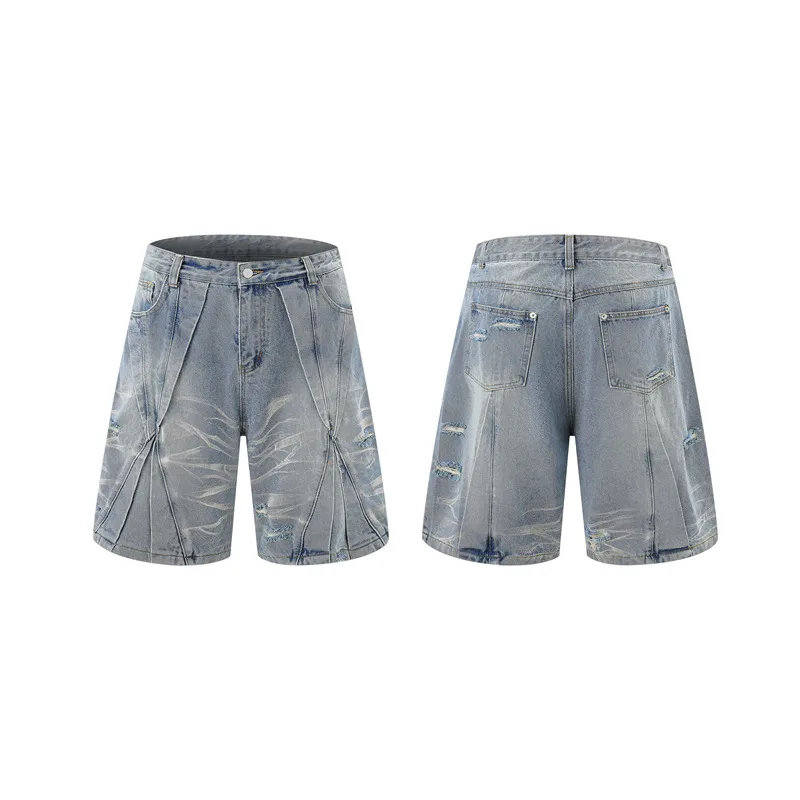 Jiayiku Men's  Summer New Style Niche Pleated Design Washed Denim Shirt Handsome Jacket Short Sleeve display picture 21