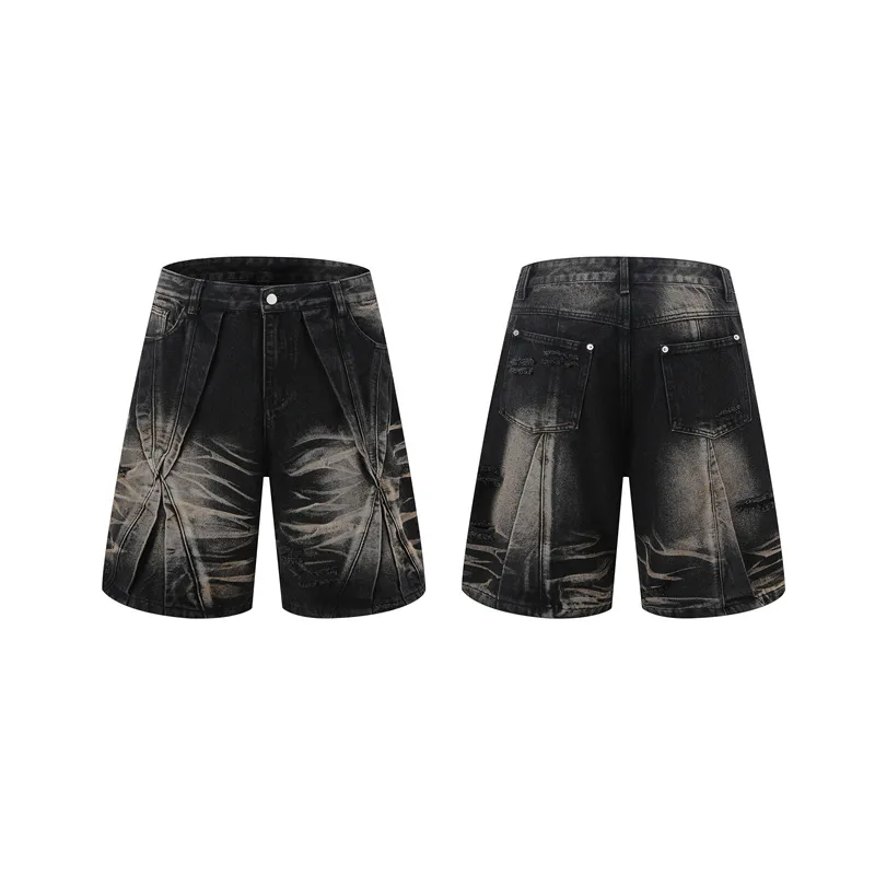 Jiayiku Men's  Summer New Style Niche Pleated Design Washed Denim Shirt Handsome Jacket Short Sleeve display picture 22