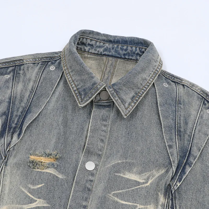 Jiayiku Men's  Summer New Style Niche Pleated Design Washed Denim Shirt Handsome Jacket Short Sleeve display picture 23