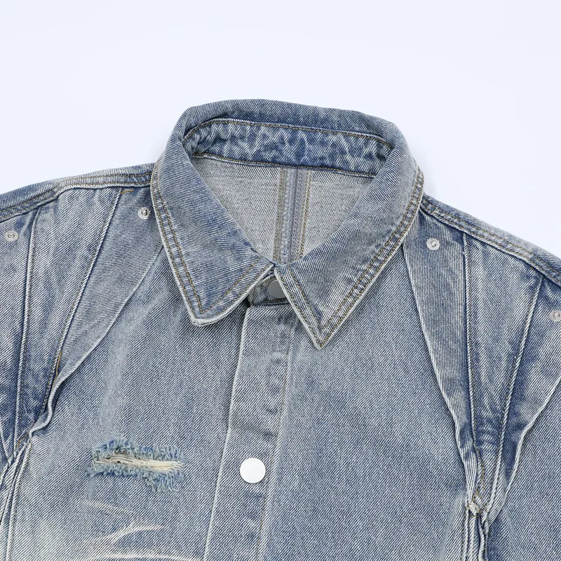 Jiayiku Men's  Summer New Style Niche Pleated Design Washed Denim Shirt Handsome Jacket Short Sleeve display picture 30