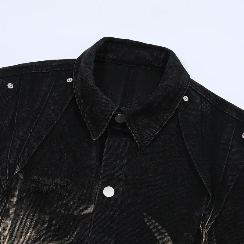 Jiayiku Men's  Summer New Style Niche Pleated Design Washed Denim Shirt Handsome Jacket Short Sleeve display picture 36