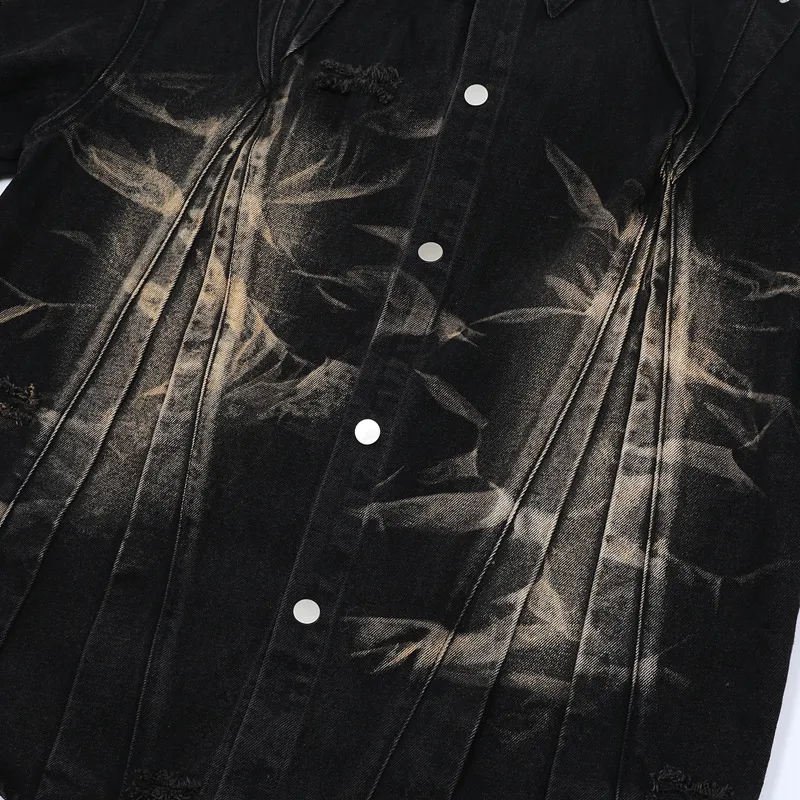 Jiayiku Men's  Summer New Style Niche Pleated Design Washed Denim Shirt Handsome Jacket Short Sleeve display picture 37