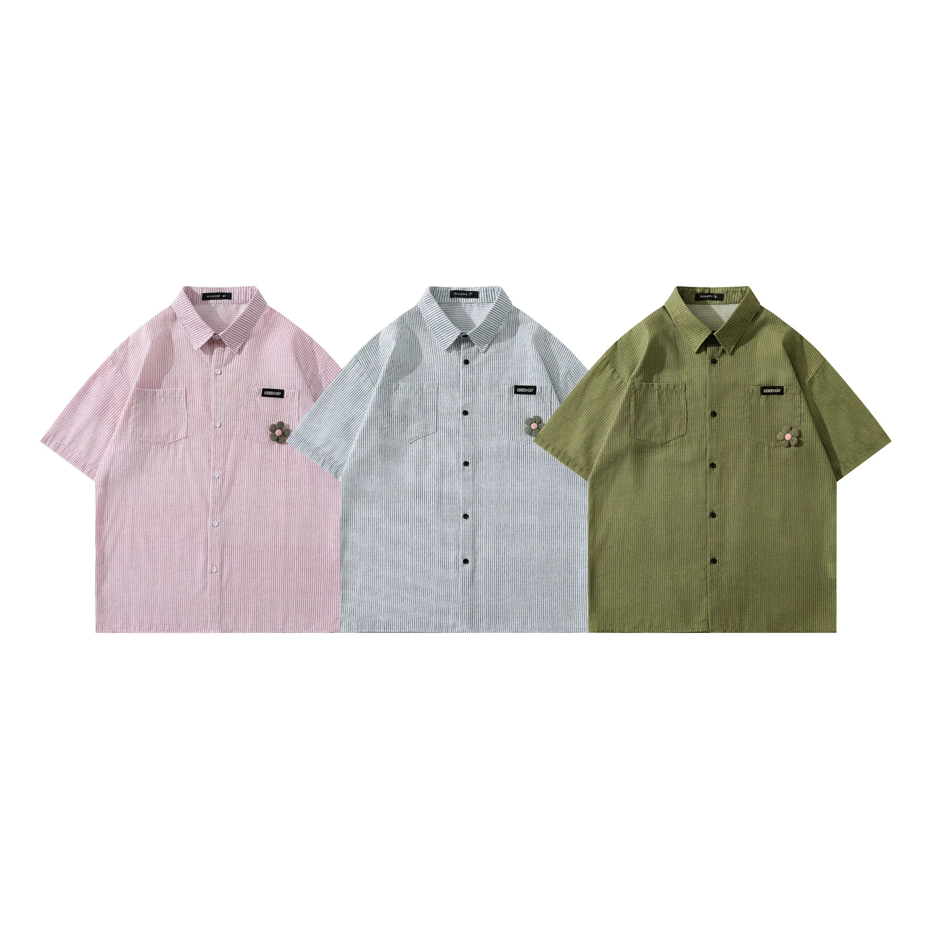 Jiayiku Men's  Summer Shirt New Style Retro Vintage Campus Style Floral Stripesd Shirt Short Sleeves display picture 2