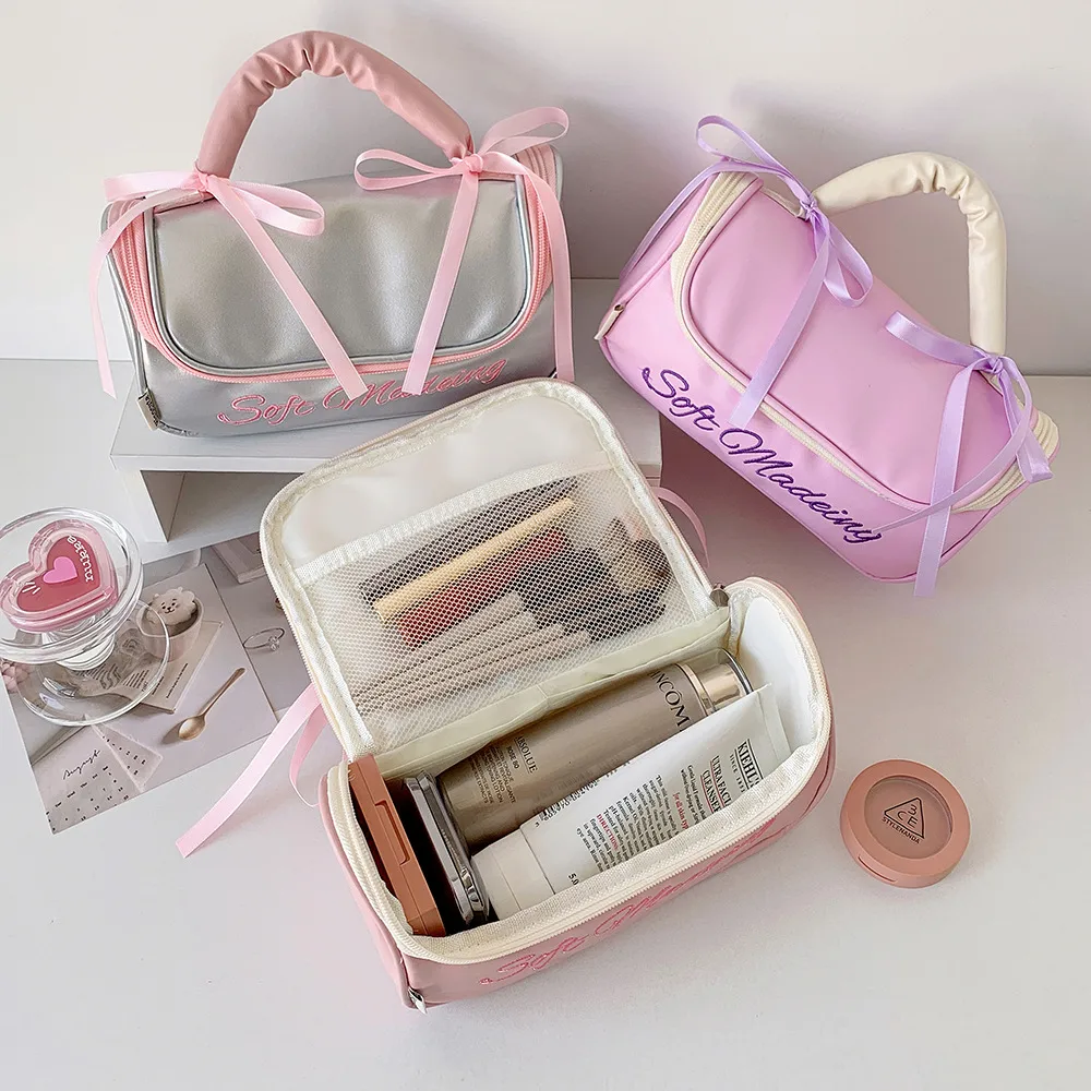 Ins Simple Large Capacity Portable Storage Bag Student High-value Stationery Pencil Case PU Portable Wash Bag Storage Bag display picture 9