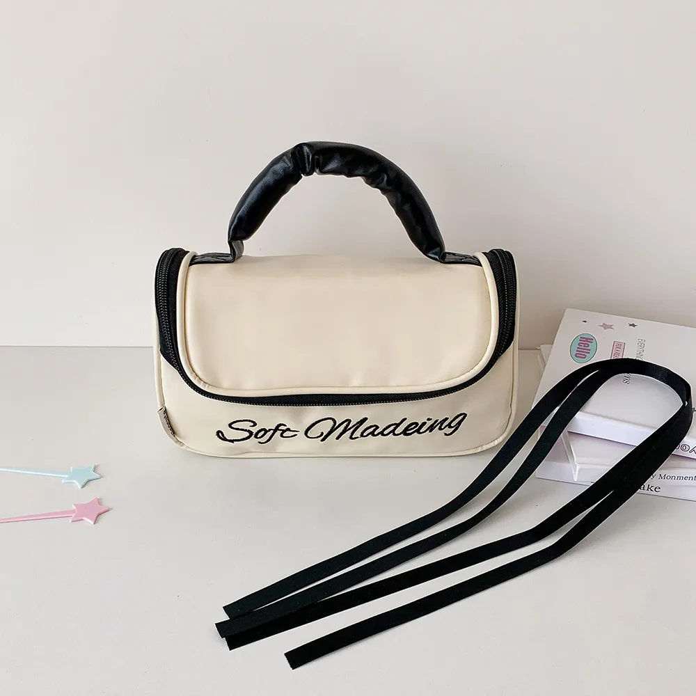 Ins Simple Large Capacity Portable Storage Bag Student High-value Stationery Pencil Case PU Portable Wash Bag Storage Bag display picture 16