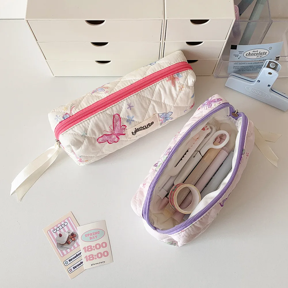 Cream Style Quilted Butterfly Pencil Bag Student Sweet Pencil Bag Portable Stationery Storage Bag Cosmetic Storage Bag For Women display picture 7