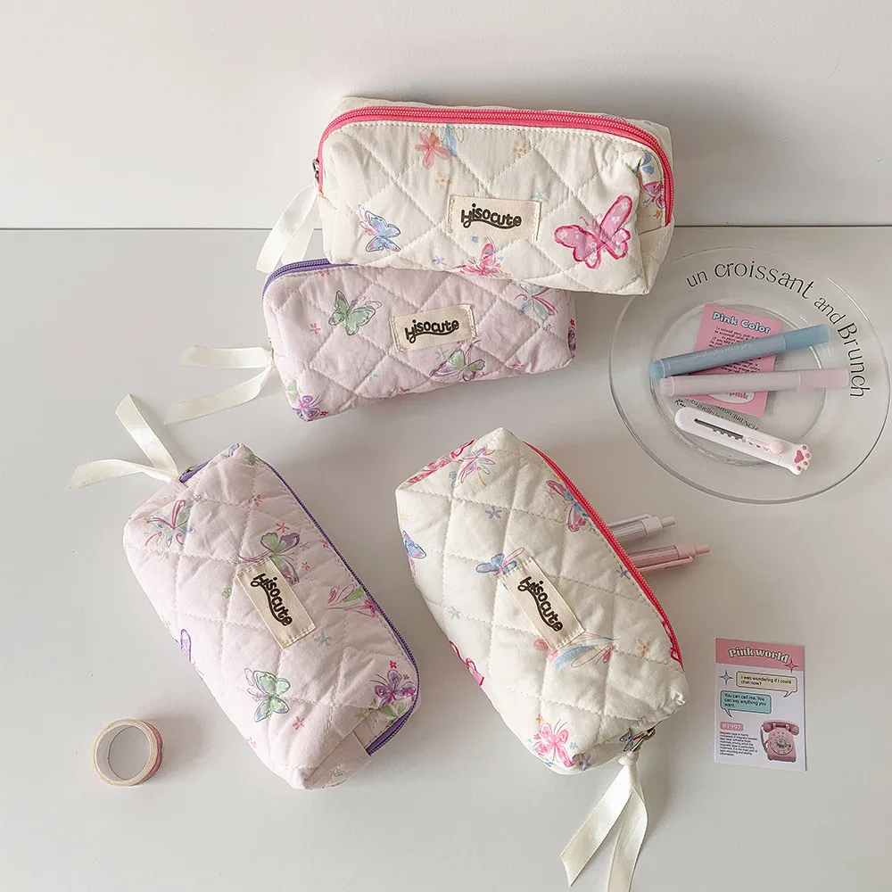 Cream Style Quilted Butterfly Pencil Bag Student Sweet Pencil Bag Portable Stationery Storage Bag Cosmetic Storage Bag For Women display picture 3