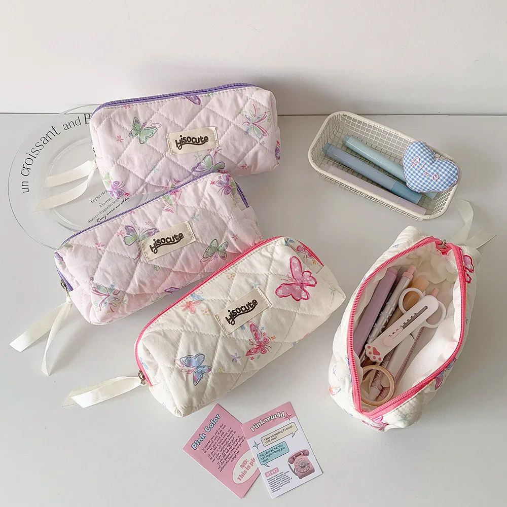 Cream Style Quilted Butterfly Pencil Bag Student Sweet Pencil Bag Portable Stationery Storage Bag Cosmetic Storage Bag For Women display picture 4