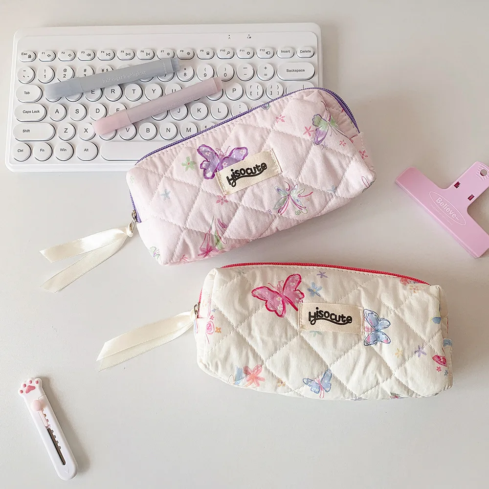 Cream Style Quilted Butterfly Pencil Bag Student Sweet Pencil Bag Portable Stationery Storage Bag Cosmetic Storage Bag For Women display picture 6