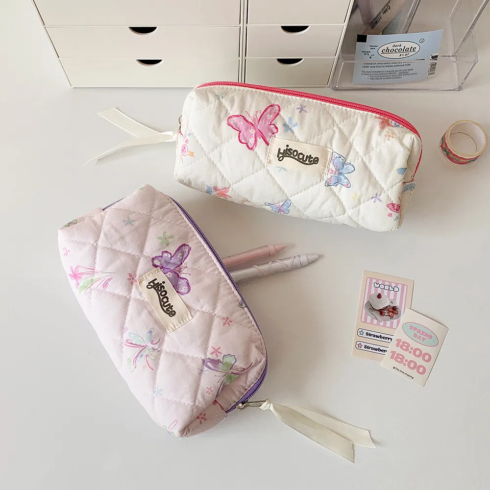 Cream Style Quilted Butterfly Pencil Bag Student Sweet Pencil Bag Portable Stationery Storage Bag Cosmetic Storage Bag For Women display picture 8