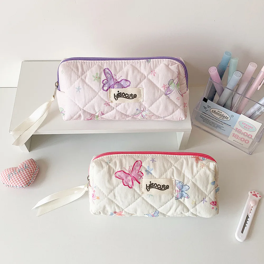 Cream Style Quilted Butterfly Pencil Bag Student Sweet Pencil Bag Portable Stationery Storage Bag Cosmetic Storage Bag For Women display picture 9
