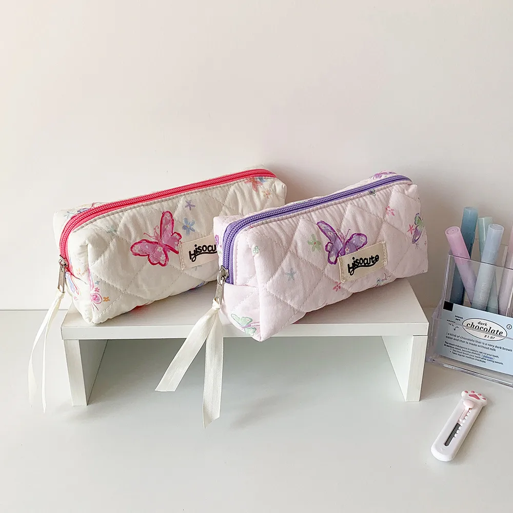 Cream Style Quilted Butterfly Pencil Bag Student Sweet Pencil Bag Portable Stationery Storage Bag Cosmetic Storage Bag For Women display picture 10