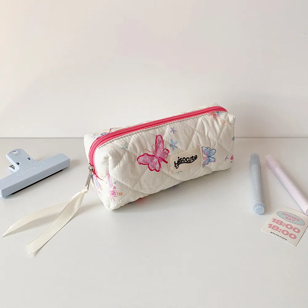 Cream Style Quilted Butterfly Pencil Bag Student Sweet Pencil Bag Portable Stationery Storage Bag Cosmetic Storage Bag For Women display picture 11
