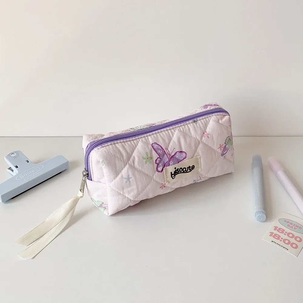 Cream Style Quilted Butterfly Pencil Bag Student Sweet Pencil Bag Portable Stationery Storage Bag Cosmetic Storage Bag For Women display picture 12