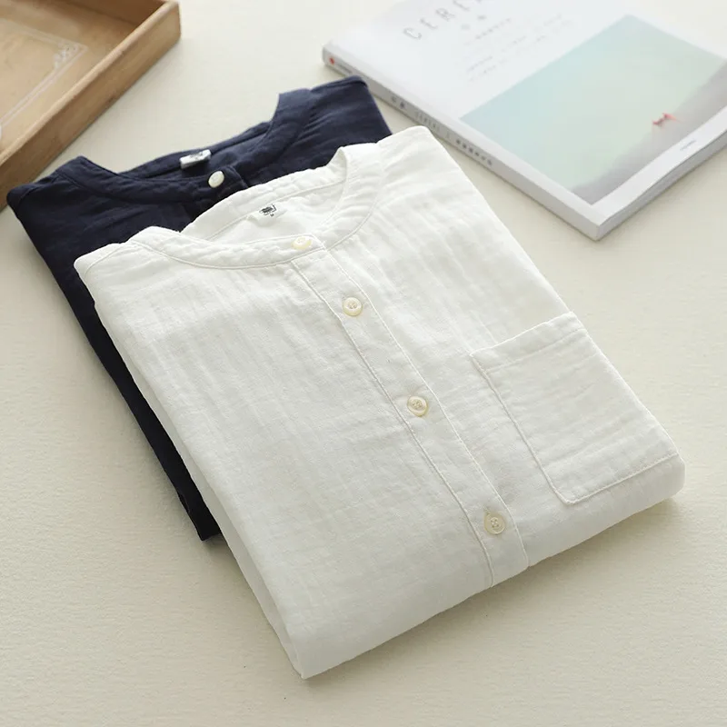Stand-Up Collar Pure Cotton Double-Layer Yarn Shirt Breathable Soft Waxy Double-Layer Cotton Yarn Long-Sleeved Casual Shirt Women's Shirt display picture 1
