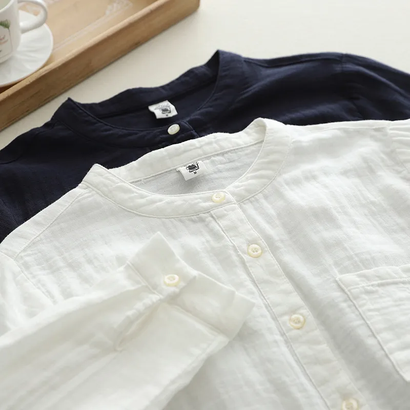Stand-Up Collar Pure Cotton Double-Layer Yarn Shirt Breathable Soft Waxy Double-Layer Cotton Yarn Long-Sleeved Casual Shirt Women's Shirt display picture 6