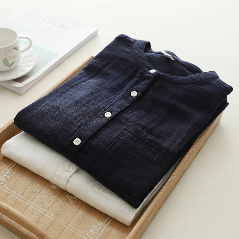 Stand-Up Collar Pure Cotton Double-Layer Yarn Shirt Breathable Soft Waxy Double-Layer Cotton Yarn Long-Sleeved Casual Shirt Women's Shirt display picture 5