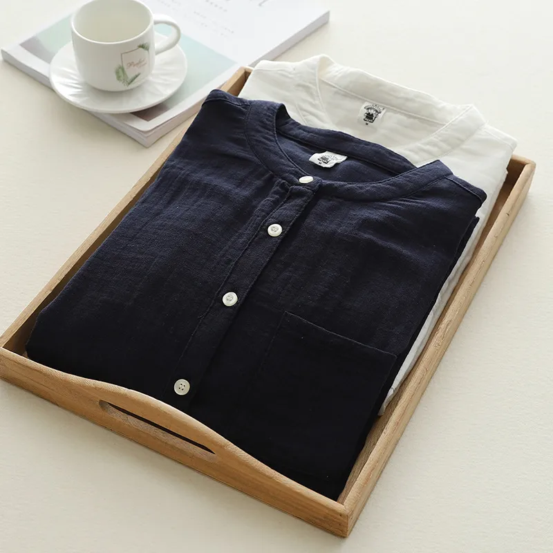 Stand-Up Collar Pure Cotton Double-Layer Yarn Shirt Breathable Soft Waxy Double-Layer Cotton Yarn Long-Sleeved Casual Shirt Women's Shirt display picture 4