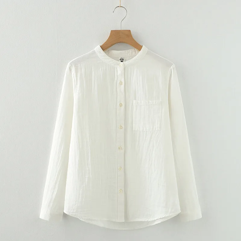 Stand-Up Collar Pure Cotton Double-Layer Yarn Shirt Breathable Soft Waxy Double-Layer Cotton Yarn Long-Sleeved Casual Shirt Women's Shirt display picture 7