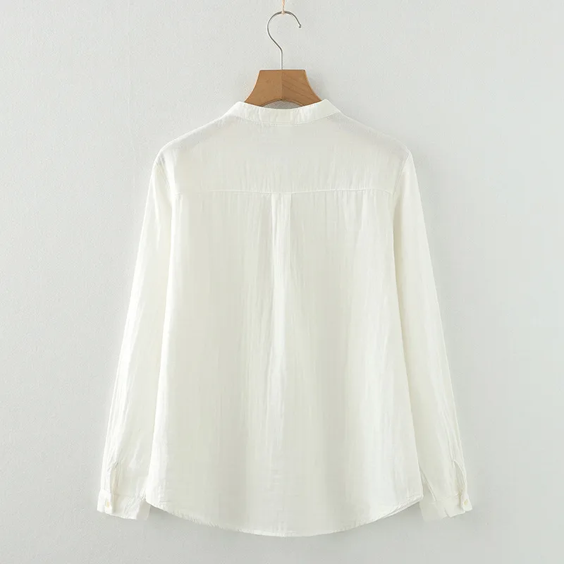 Stand-Up Collar Pure Cotton Double-Layer Yarn Shirt Breathable Soft Waxy Double-Layer Cotton Yarn Long-Sleeved Casual Shirt Women's Shirt display picture 8