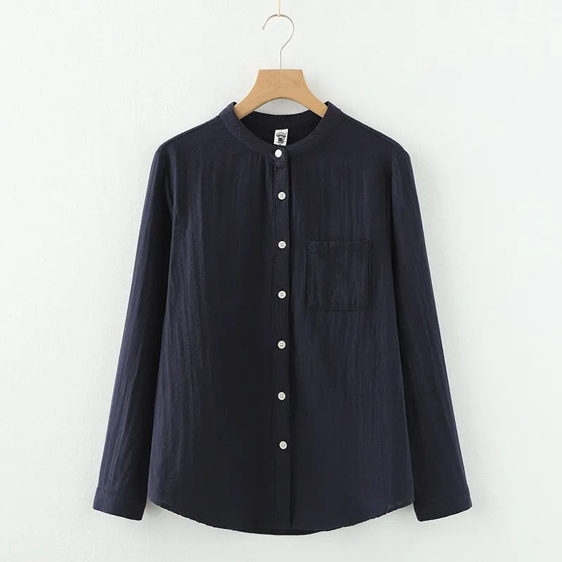 Stand-Up Collar Pure Cotton Double-Layer Yarn Shirt Breathable Soft Waxy Double-Layer Cotton Yarn Long-Sleeved Casual Shirt Women's Shirt display picture 9