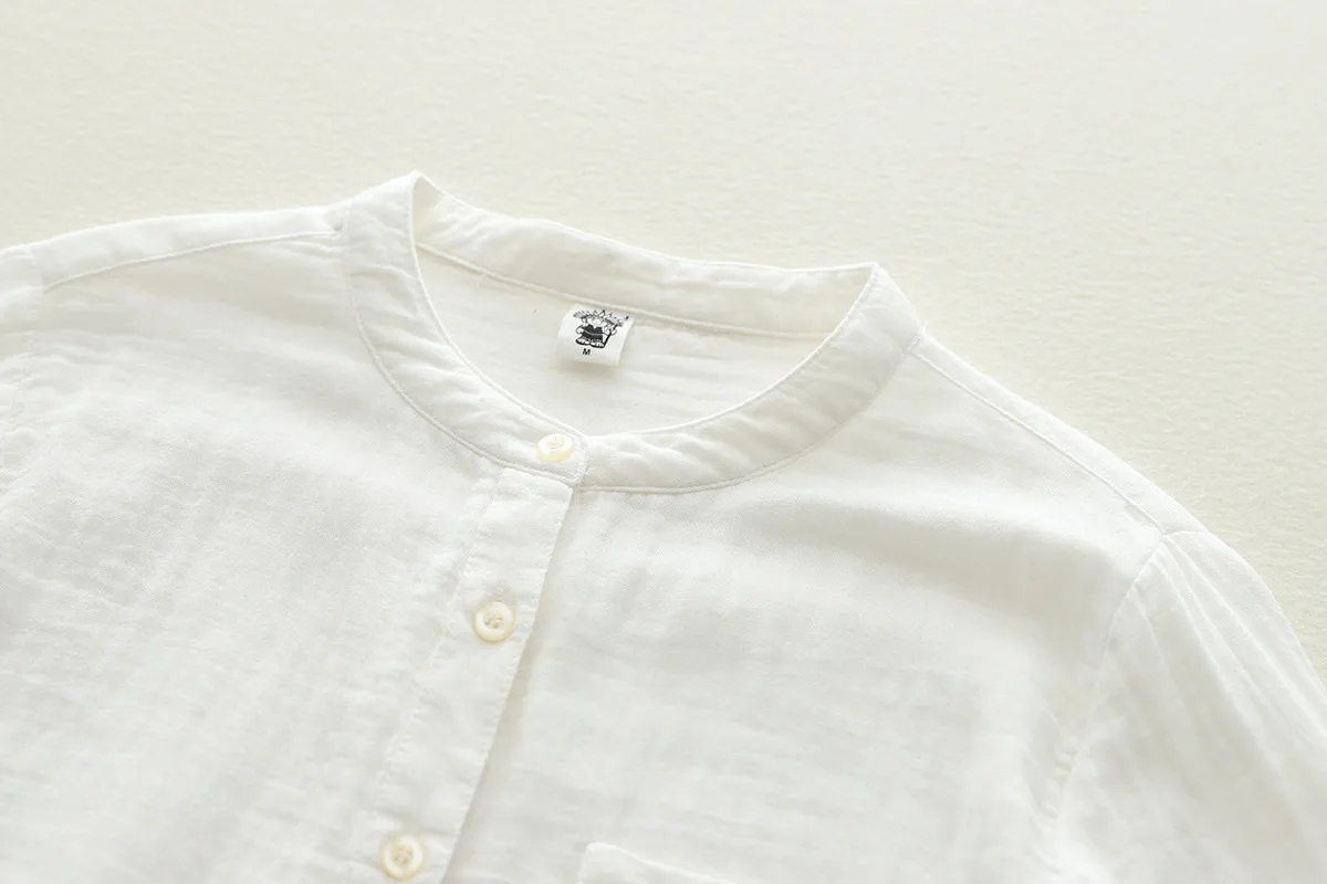 Stand-Up Collar Pure Cotton Double-Layer Yarn Shirt Breathable Soft Waxy Double-Layer Cotton Yarn Long-Sleeved Casual Shirt Women's Shirt display picture 10