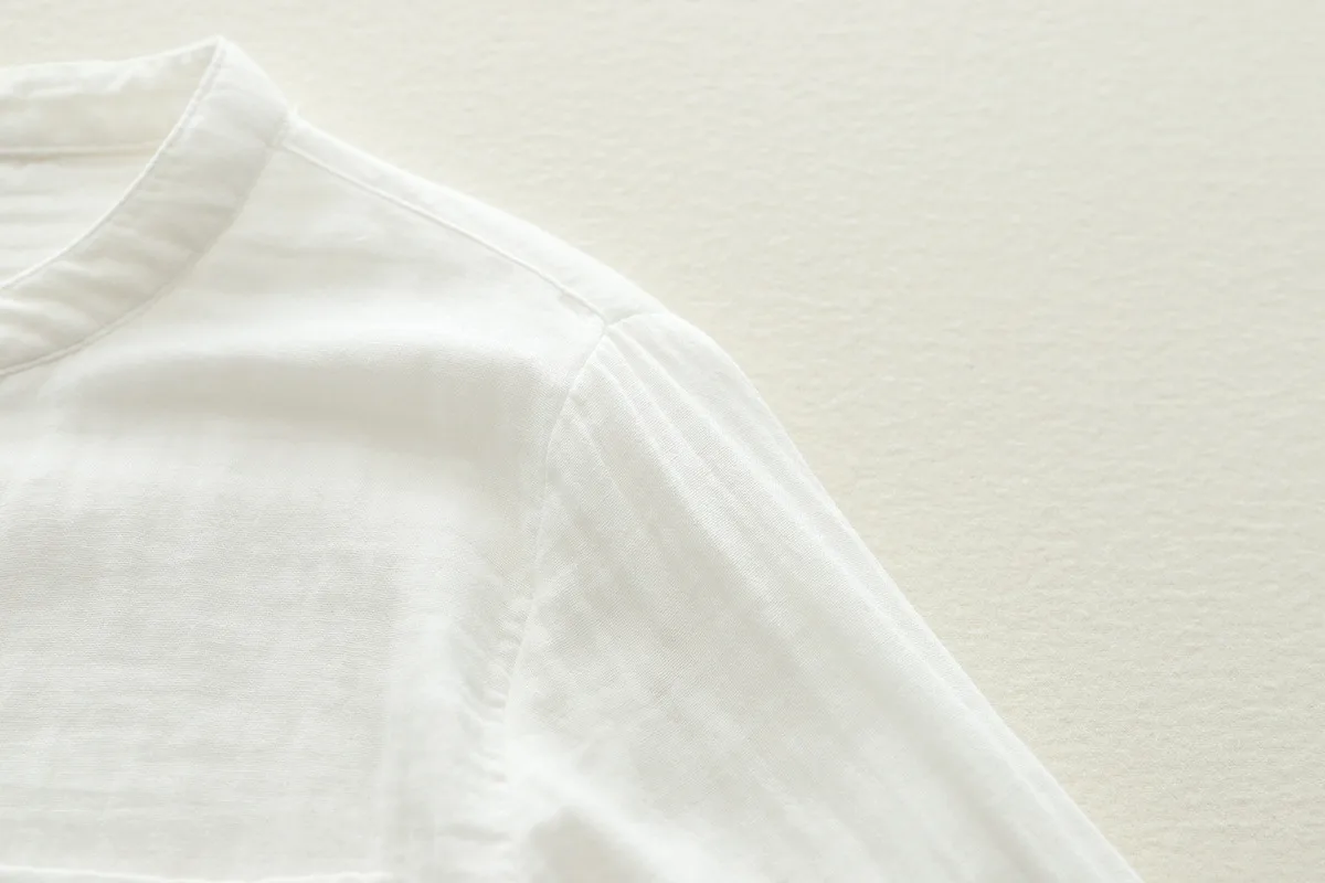 Stand-Up Collar Pure Cotton Double-Layer Yarn Shirt Breathable Soft Waxy Double-Layer Cotton Yarn Long-Sleeved Casual Shirt Women's Shirt display picture 11