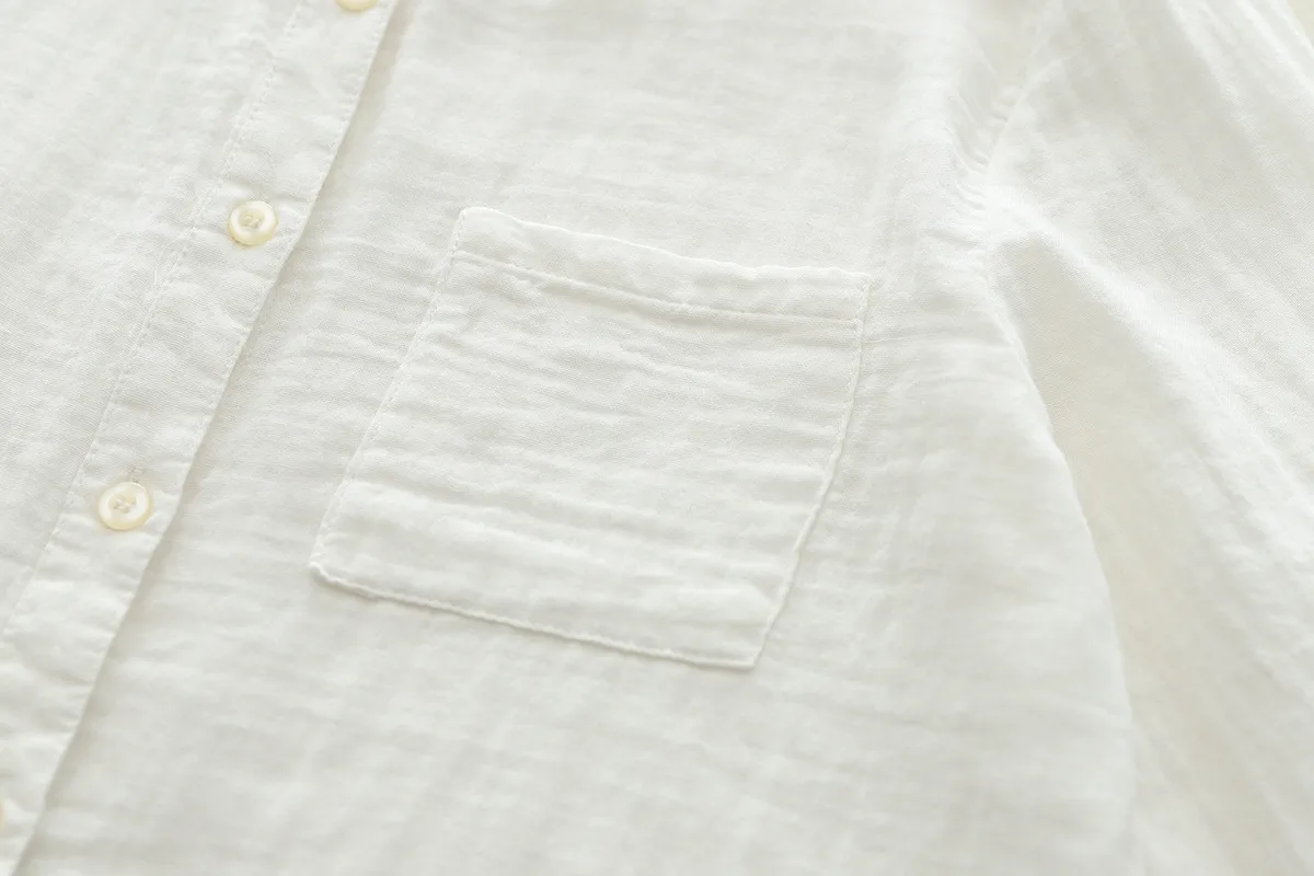 Stand-Up Collar Pure Cotton Double-Layer Yarn Shirt Breathable Soft Waxy Double-Layer Cotton Yarn Long-Sleeved Casual Shirt Women's Shirt display picture 12