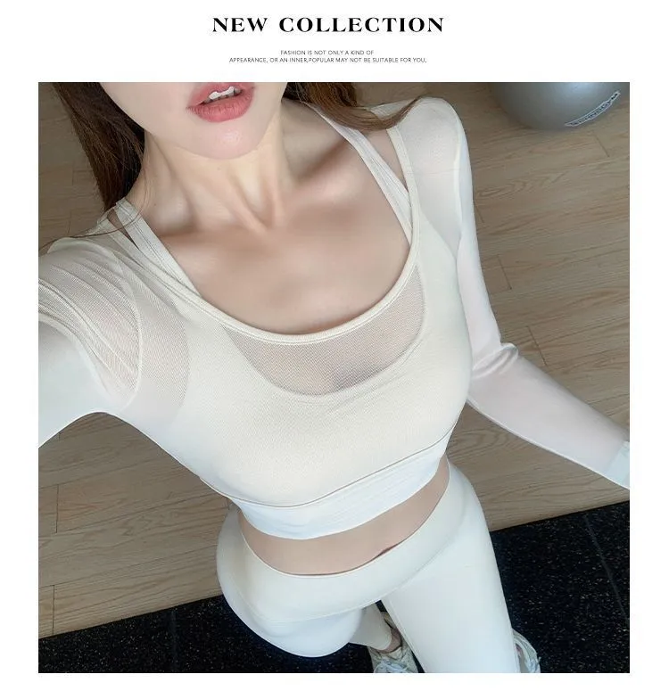 Yoga Wear With Chest Pad, Long-Sleeved T-Shirt, Women's Fake Two-Piece Mesh Short Top, Sexy Sports Pilates Fitness Wear display picture 1