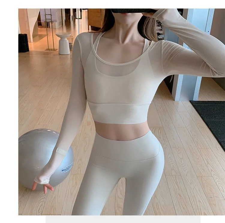Yoga Wear With Chest Pad, Long-Sleeved T-Shirt, Women's Fake Two-Piece Mesh Short Top, Sexy Sports Pilates Fitness Wear display picture 2