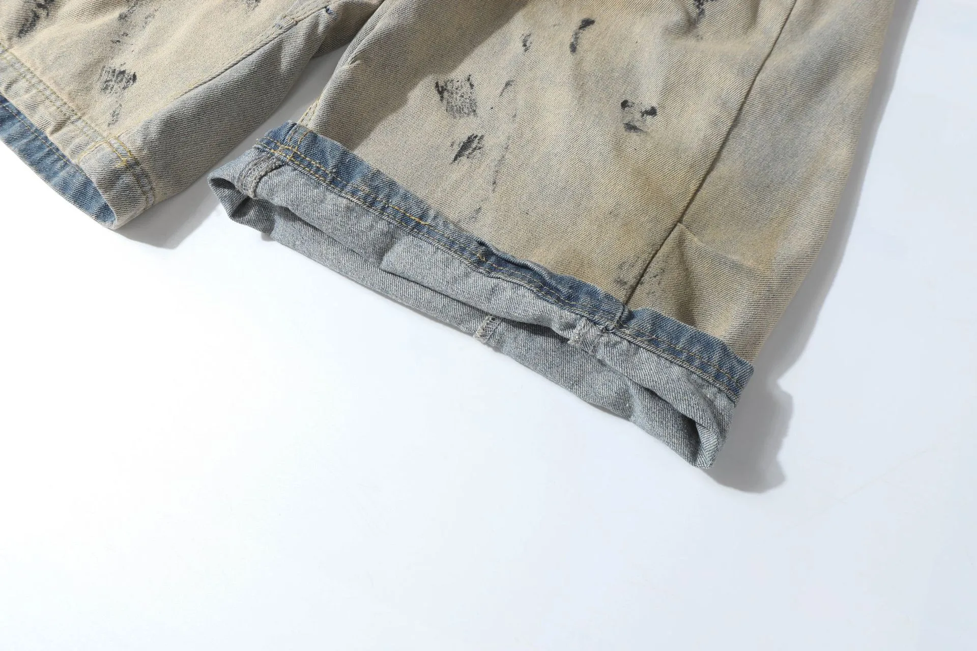 Jiayiku Men's  American High Street RO Heavy Washed Machete Denim Shorts Loose Wide Leg Cropped Pants display picture 14