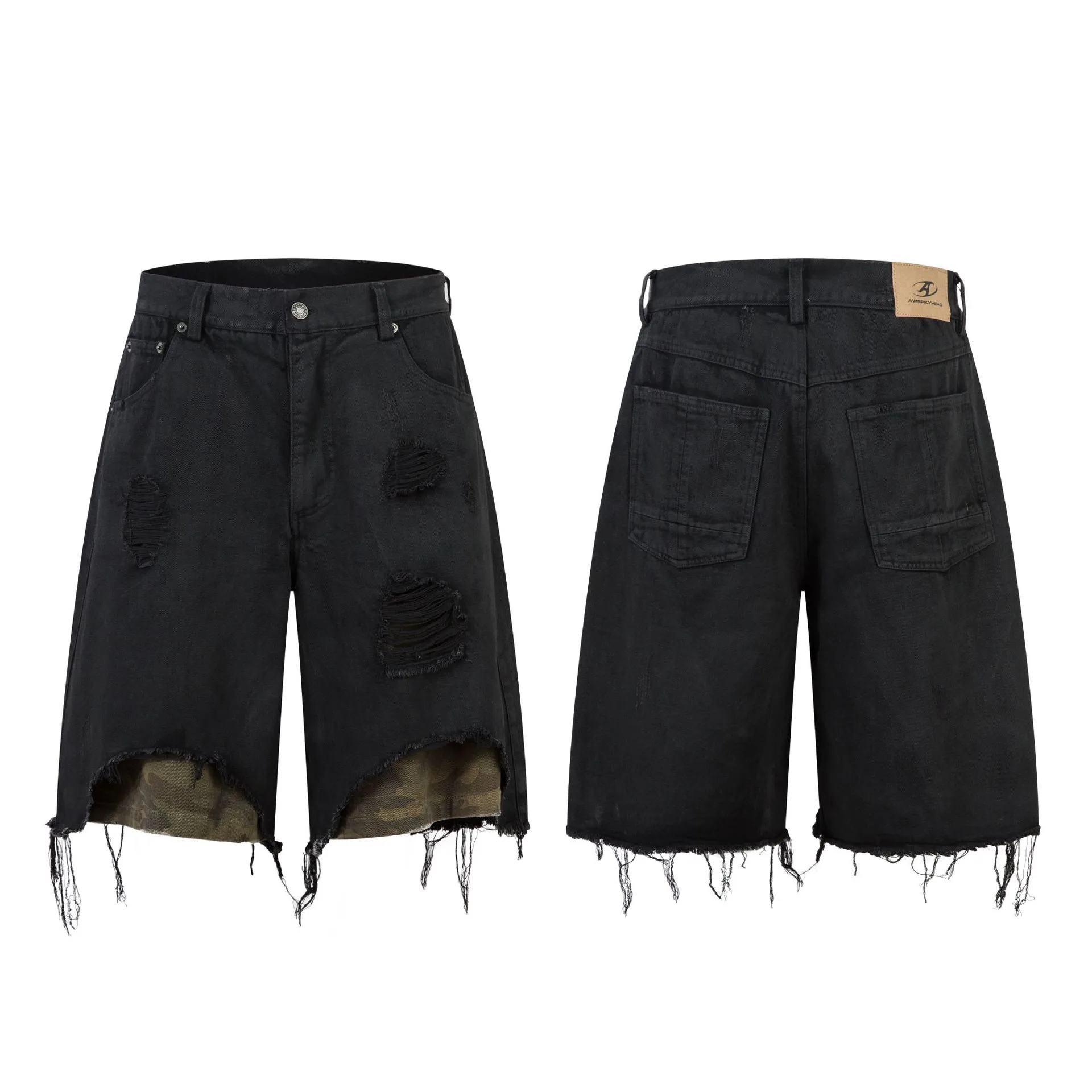 Jiayiku Fashion Brand  Advanced Sense RO Style Five-point Pants Men's American Style Street Washing Rags Denim Pants Straight Pants display picture 2