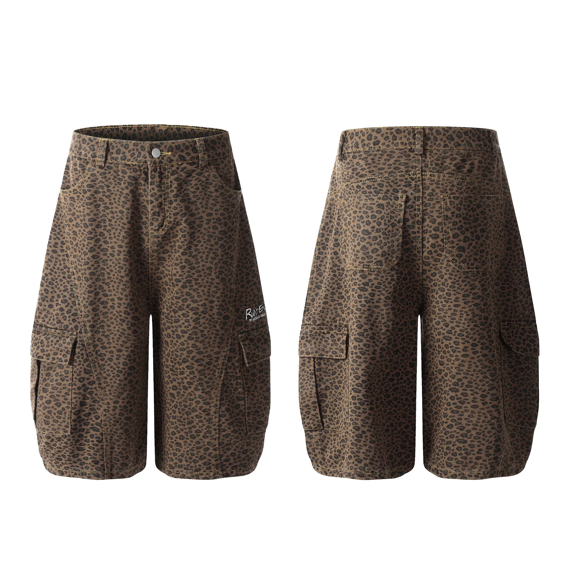 Jiayiku Fashion Brand  High Street Vibe Leopard Print Denim Shorts Men And Women RO Fashion Loose Machete Cropped Pants display picture 2