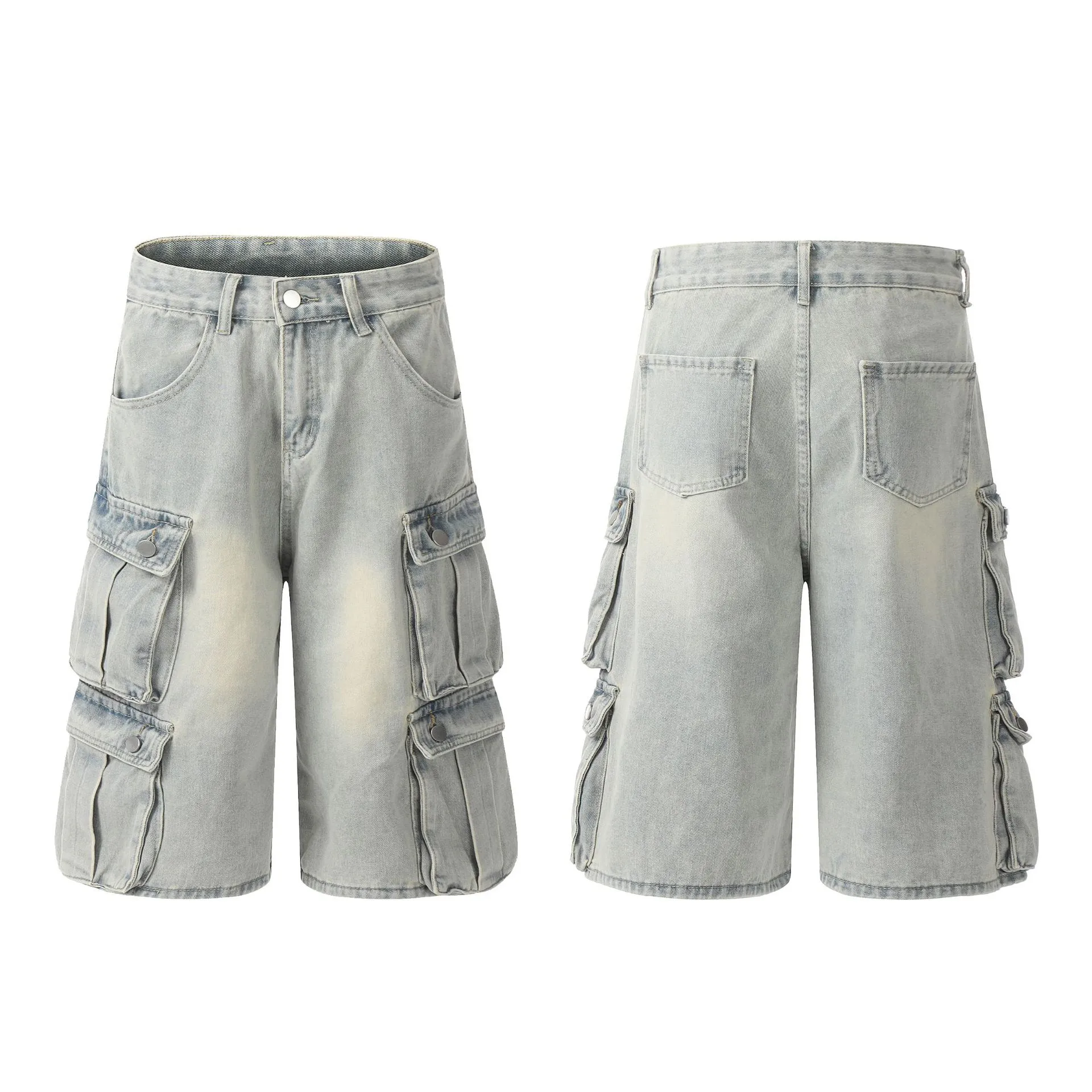 Jiayiku Men's Summer Cropped Pants American Retro Washed Work Jeans Straight Vibe Wide-Leg Shorts display picture 2