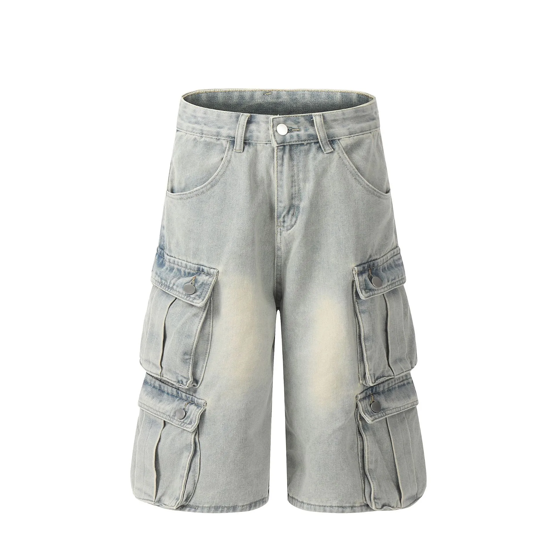 Jiayiku Men's Summer Cropped Pants American Retro Washed Work Jeans Straight Vibe Wide-Leg Shorts display picture 3