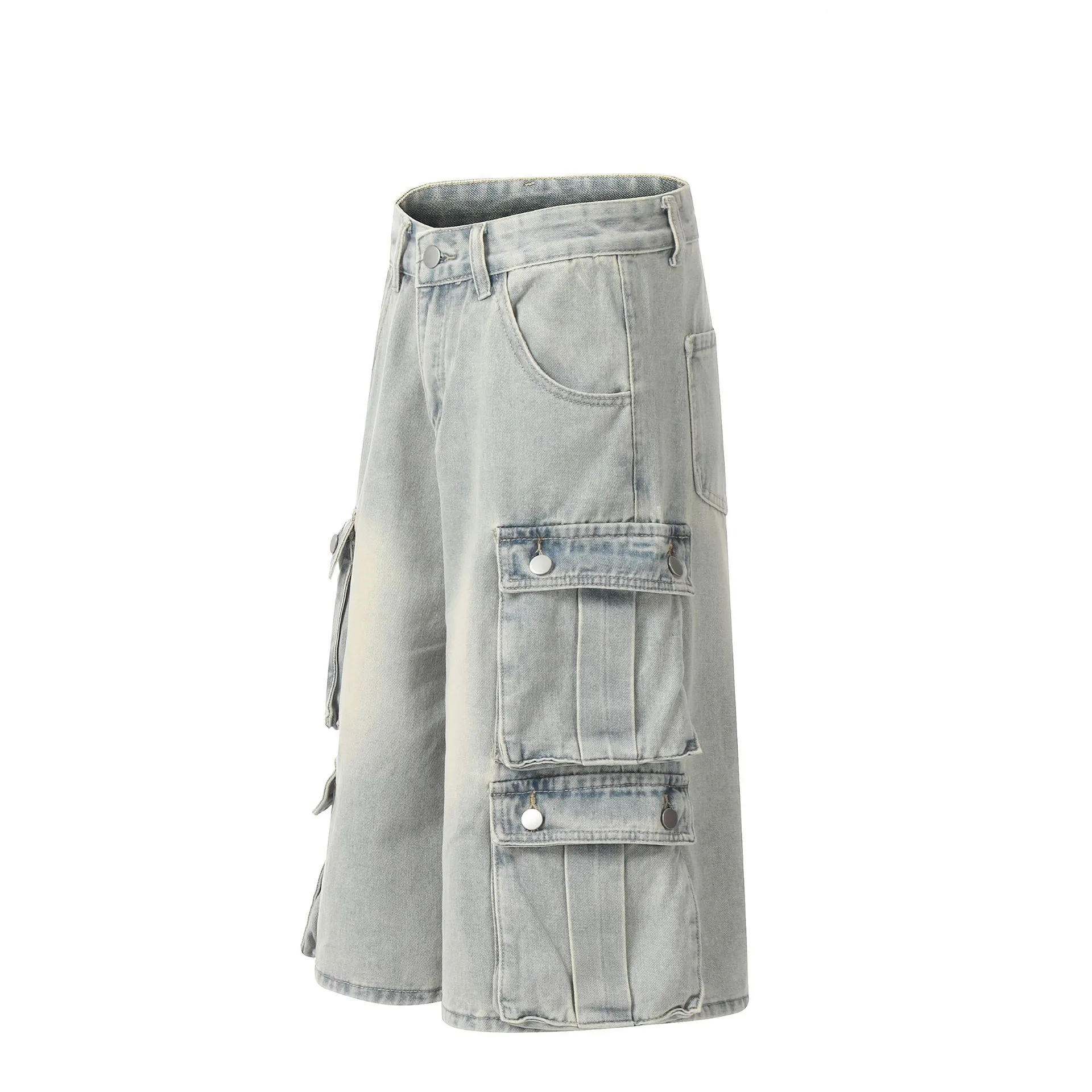 Jiayiku Men's Summer Cropped Pants American Retro Washed Work Jeans Straight Vibe Wide-Leg Shorts display picture 4