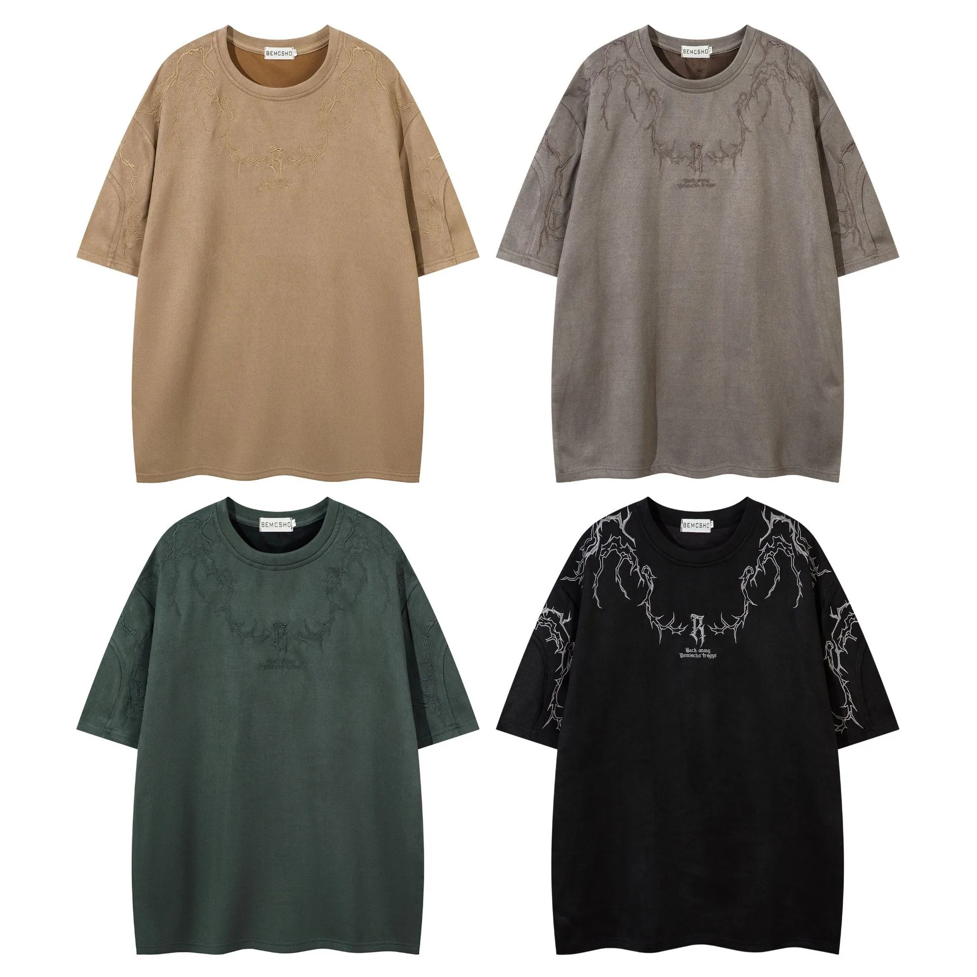 Jiayiku  Summer T-Shirt Men's American Street Fashion Brand  Tee Thorn Embroidered Suede Short-Sleeved T-Shirt display picture 2
