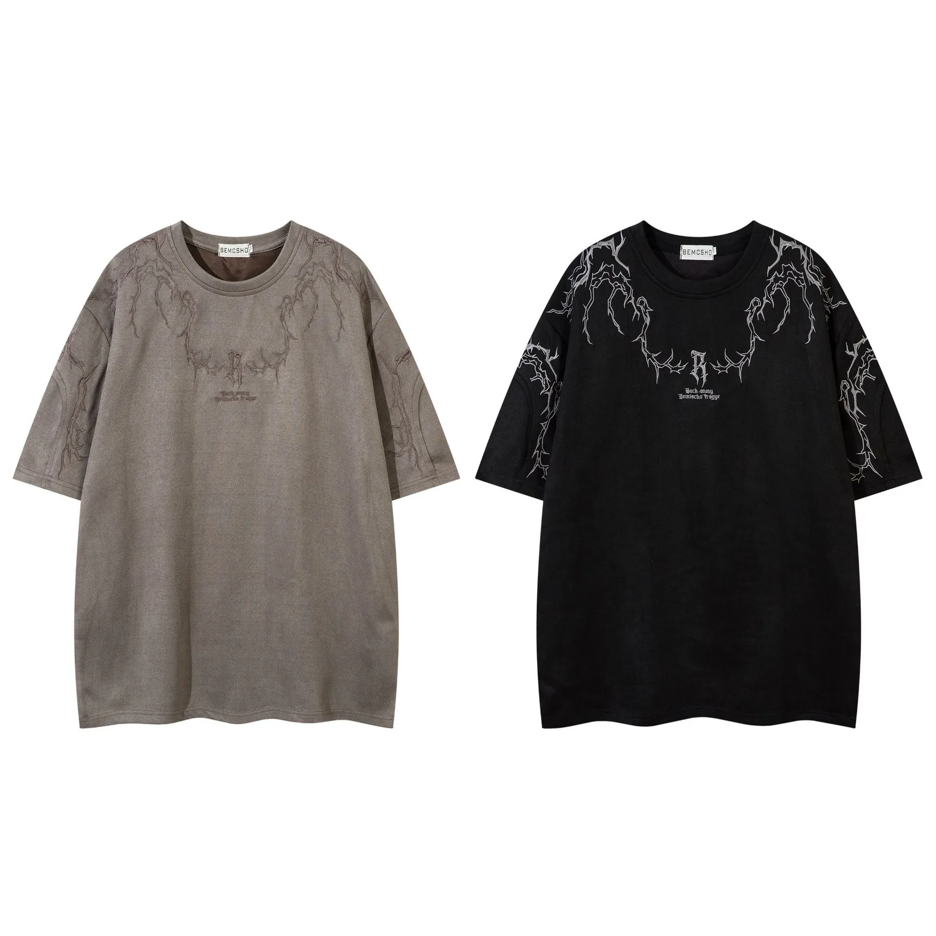Jiayiku  Summer T-Shirt Men's American Street Fashion Brand  Tee Thorn Embroidered Suede Short-Sleeved T-Shirt display picture 3