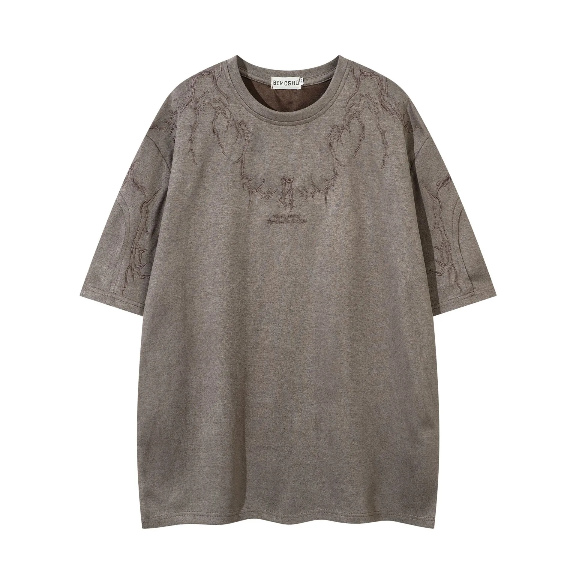 Jiayiku  Summer T-Shirt Men's American Street Fashion Brand  Tee Thorn Embroidered Suede Short-Sleeved T-Shirt display picture 4