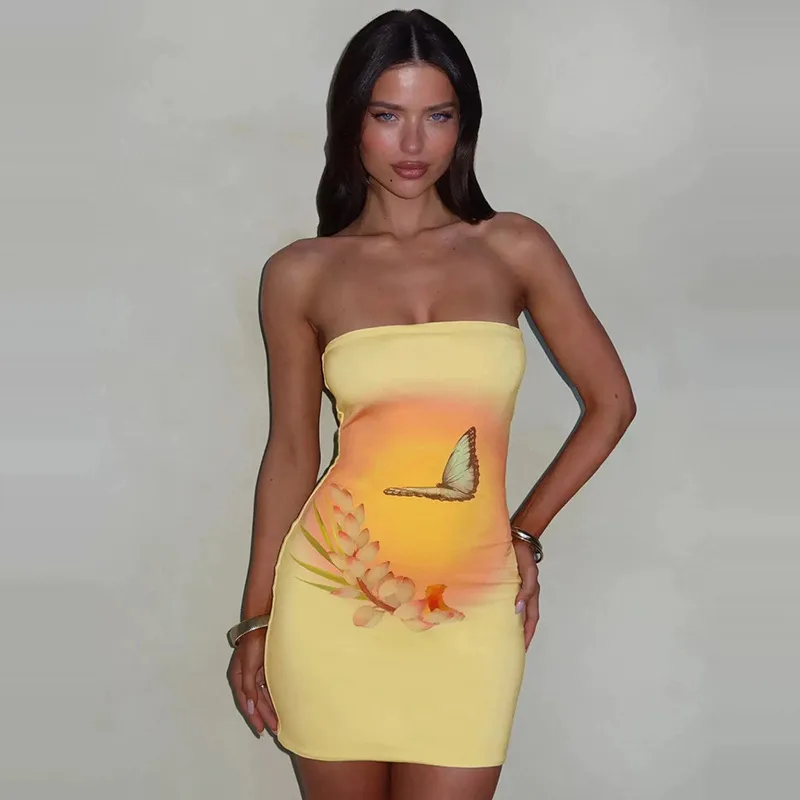 Women's  Summer New Sleeveless Sexy Strapless Dress Butterfly Flower Print Fashion Hip Dress display picture 4
