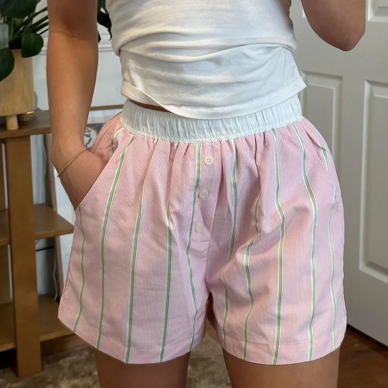 Fashion New Simple Contrast Color Stitching Striped Casual Pants Women's Loose Pocket Button Home Shorts All-match display picture 7
