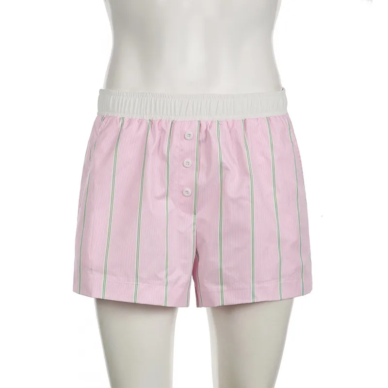 Fashion New Simple Contrast Color Stitching Striped Casual Pants Women's Loose Pocket Button Home Shorts All-match display picture 8