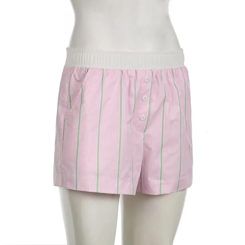Fashion New Simple Contrast Color Stitching Striped Casual Pants Women's Loose Pocket Button Home Shorts All-match display picture 9