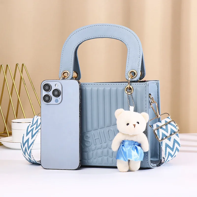 New Fashion High-end Foreign Trade Women's Bag Portable Rhombic Embroidery Small Square Bag Bear Hanging Ornaments Shoulder Crossbody Square Bag display picture 14