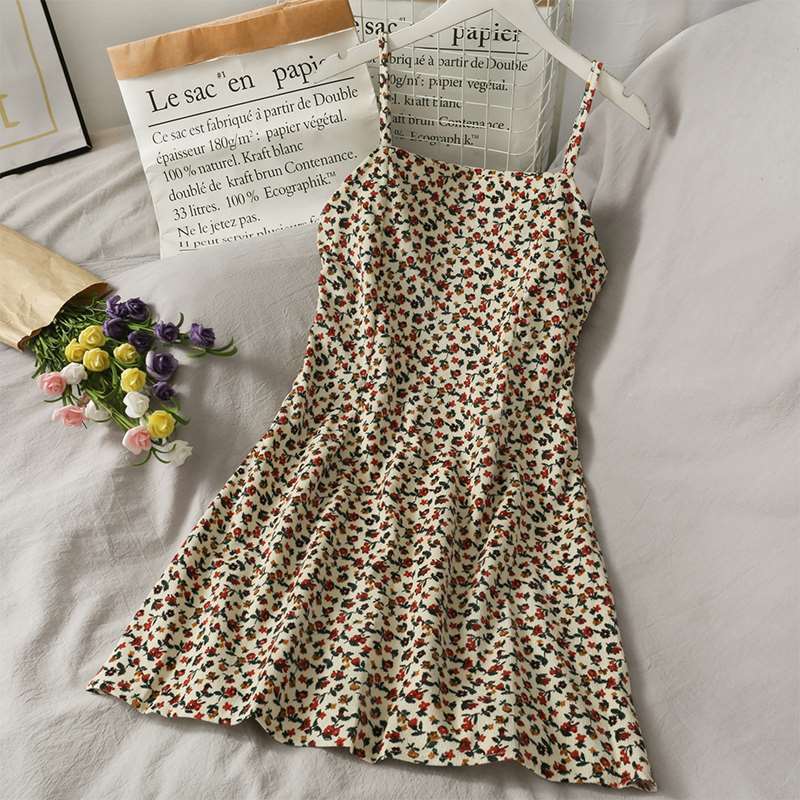 Summer Retro Print Short Backless Dress Women's New High Waist Slim Floral Versatile Suspender Skirt display picture 5